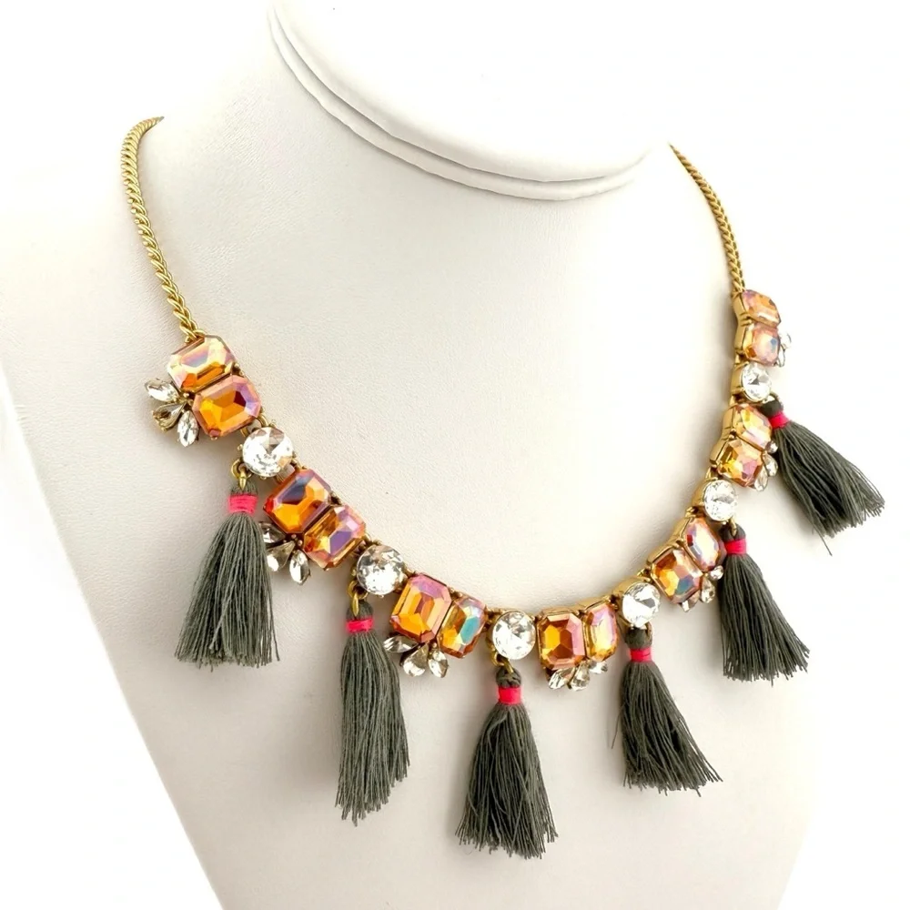 J. Crew Gold Necklace with Peach Rhinestones and Gray Tassels